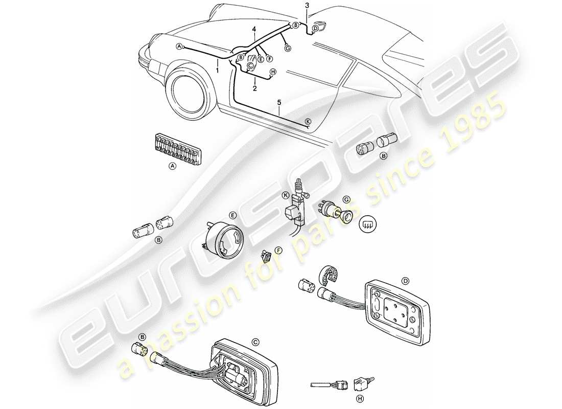 porsche 1985 (911) wiring harnesses - rear view mirror - electrically adjustable - central locking system part diagram