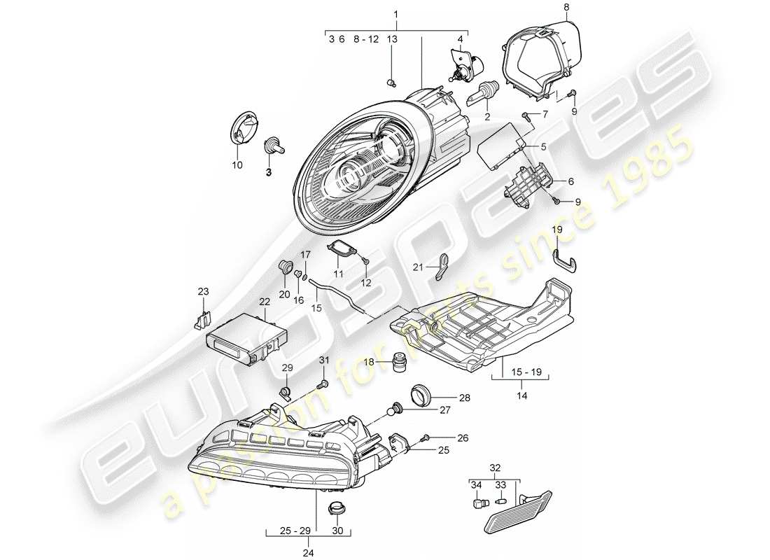 porsche 2010 (997-2 gt3) headlamp part diagram
