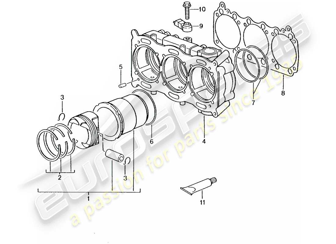 porsche 2002 (996 gt3) cylinder with pistons parts diagram