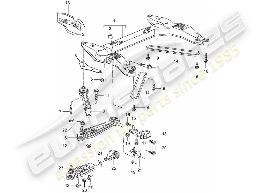 porsche 996 t/gt2 (2003) cross member - track control arm parts diagram