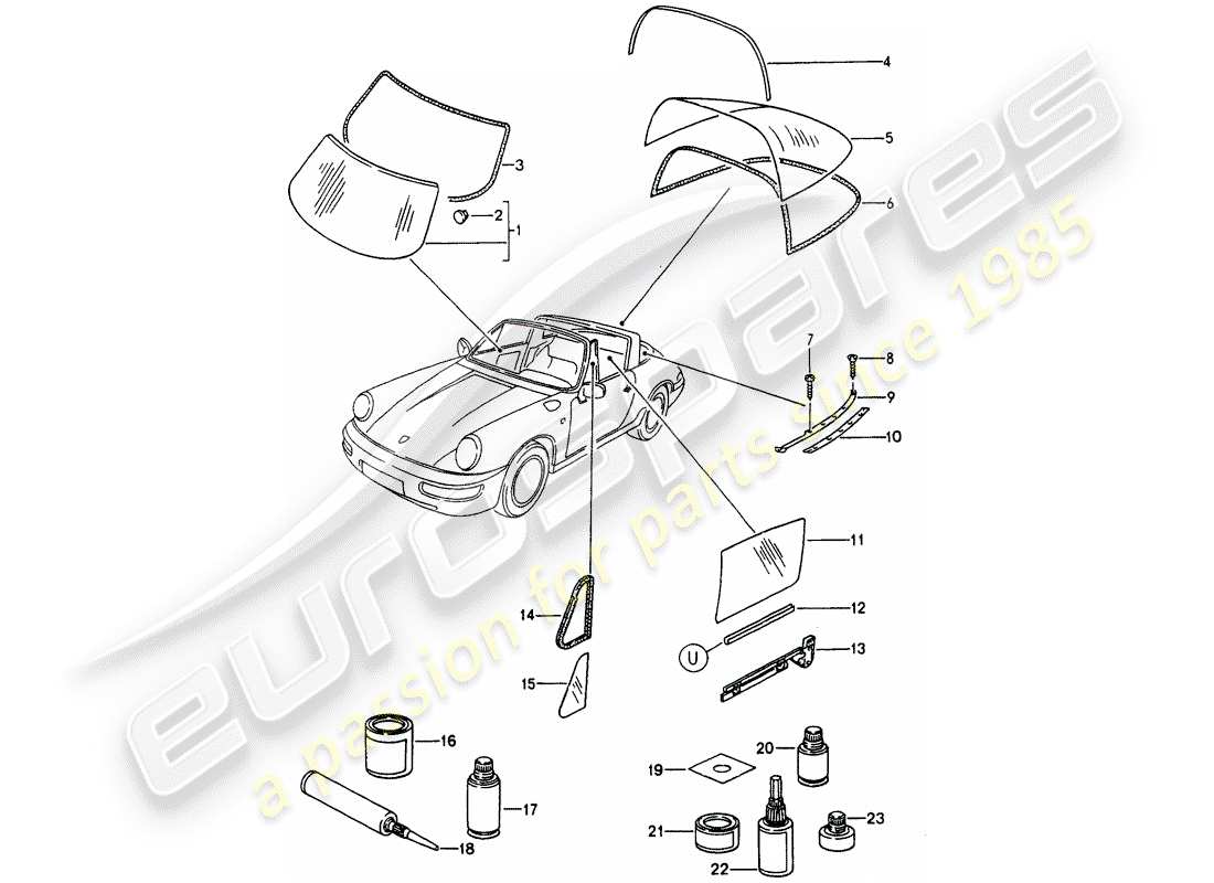 porsche 1992 (964) window glazing parts diagram