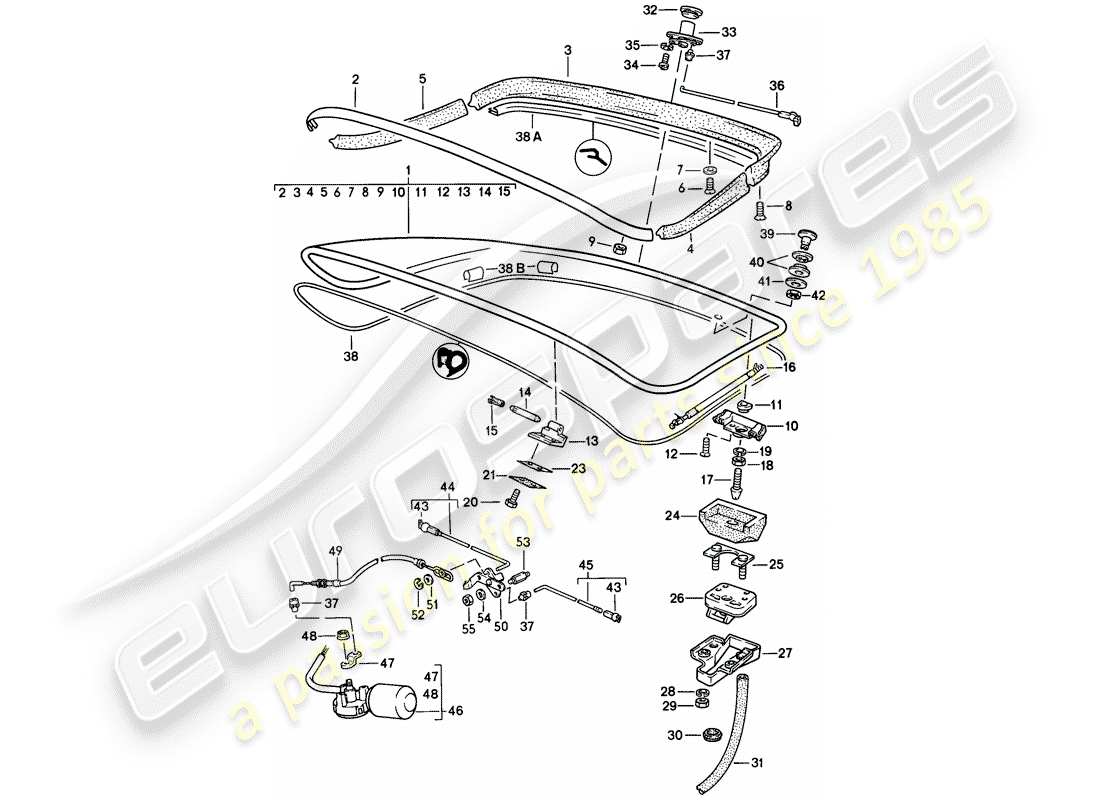 porsche 1983 (944) rear trunk lid - with: - rear window glass - rear spoiler part diagram