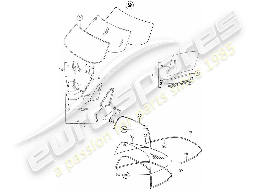 porsche 1972 (911) window glazing part diagram
