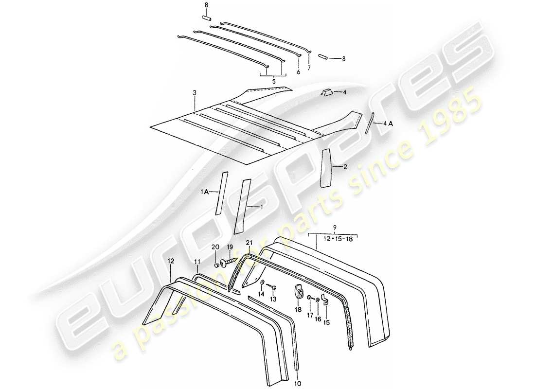 porsche 1992 (964) interior equipment - roof - roll bar parts diagram