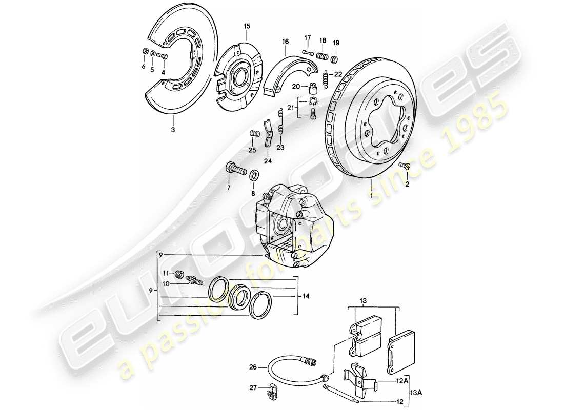 porsche 911 (1985) disc brakes - rear axle part diagram