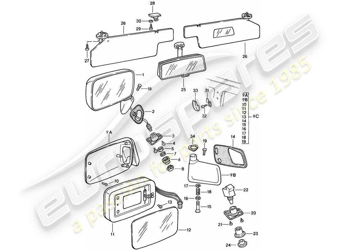 porsche 1986 (924s) rear-view mirror - sun vizor part diagram