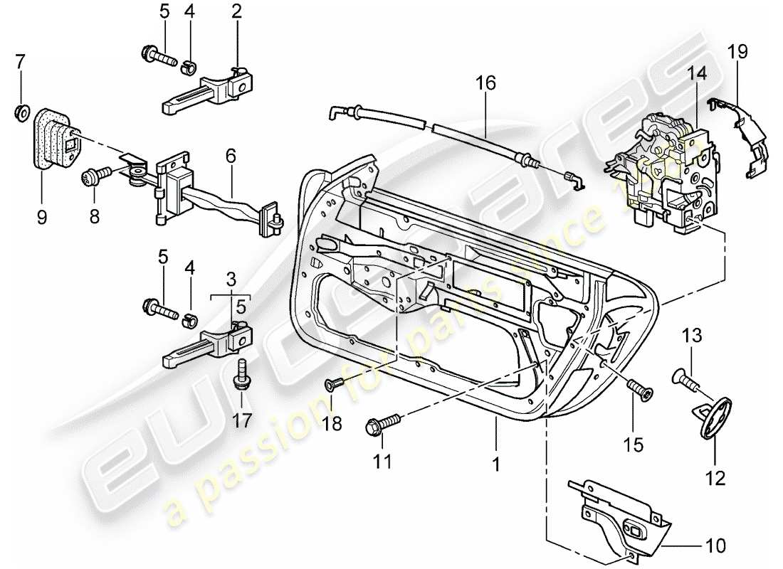 porsche 2004 (996 turbo / gt2) door shell - installation parts - door latch part diagram
