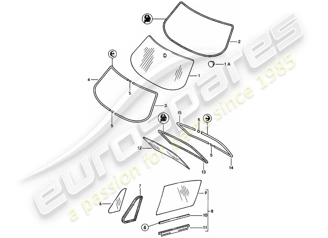 porsche 1981 (911) window glazing part diagram