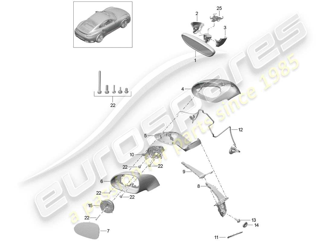 porsche 991 turbo (2016) rear view mirror inner parts diagram