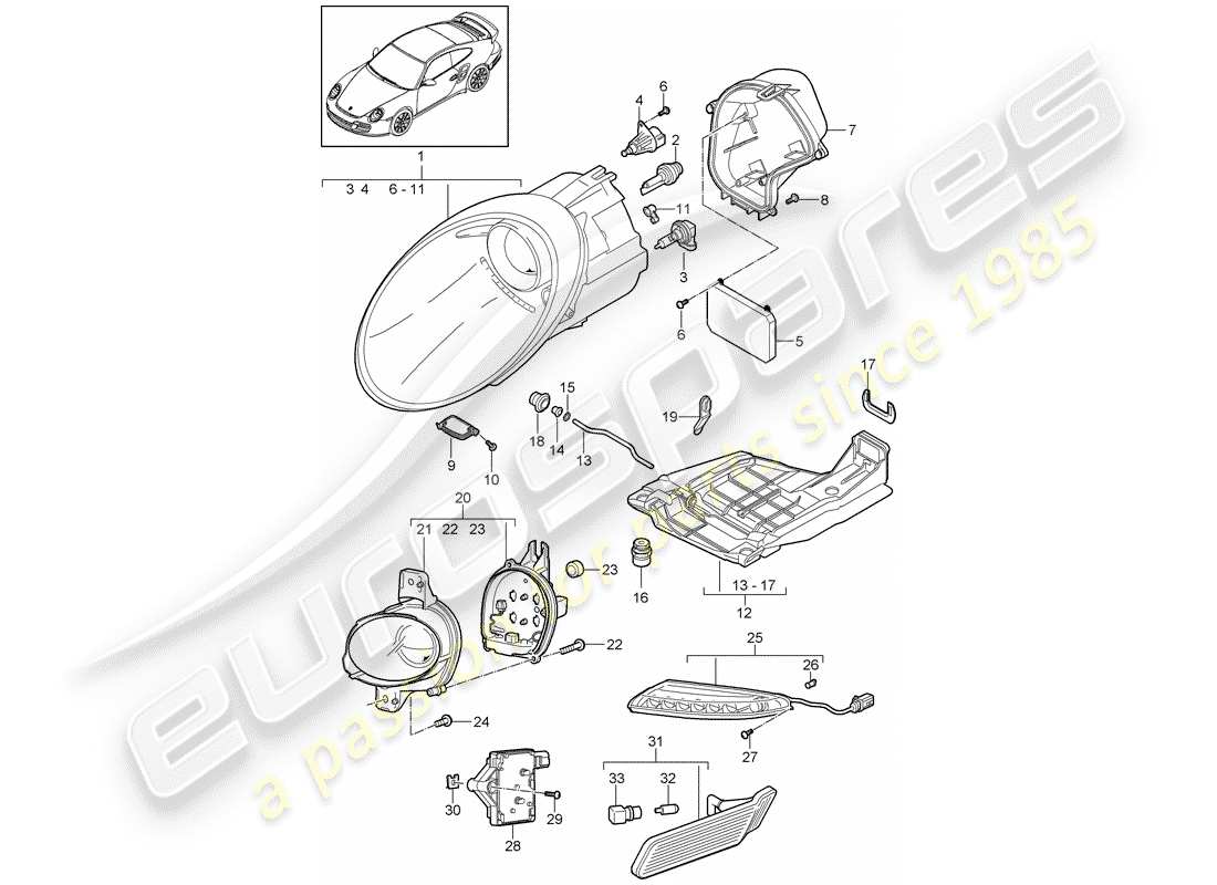 porsche 2011 (997-2 turbo / gt2 rs) headlamp part diagram