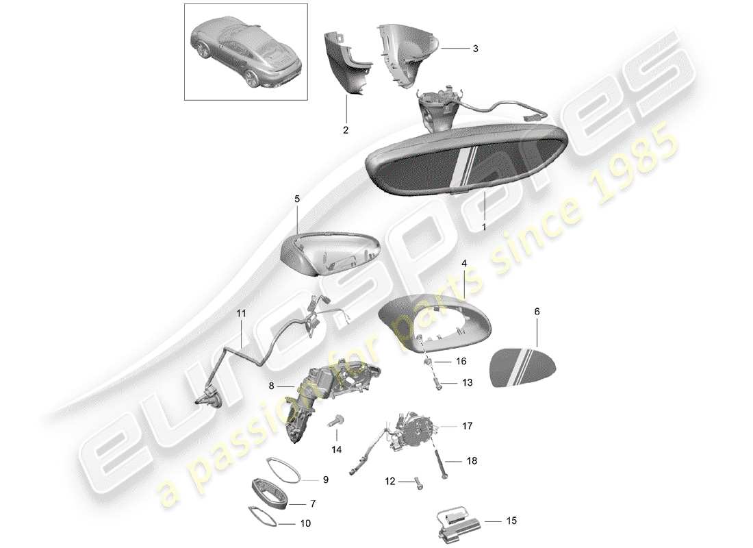 porsche 2016 (991-1 turbo) rear view mirror inner part diagram