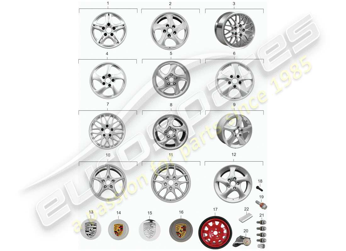 porsche 1999 (986 boxster) alloy wheel parts diagram