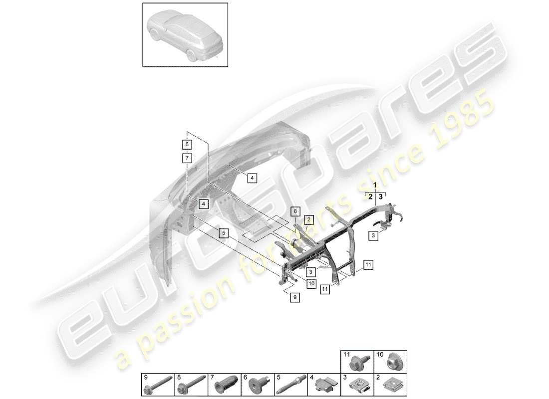 porsche 2020 (cayenne e3 9ya/9yb) retaining frame part diagram