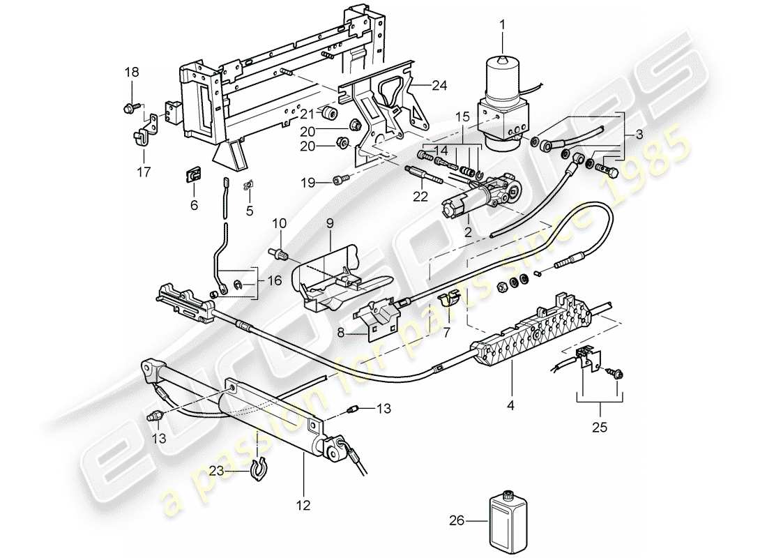 porsche 996 t/gt2 (2004) convertible top - driving mechanism - hydraulic part diagram