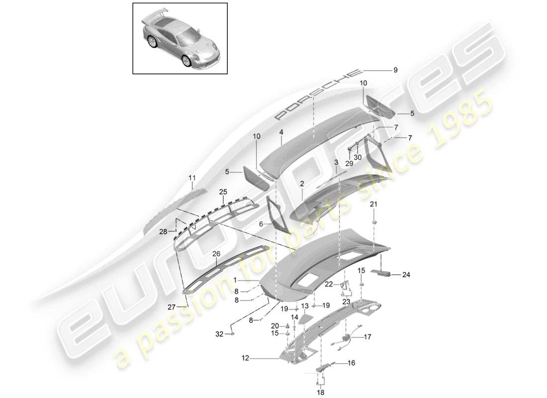porsche 2020 (991-2 turbo) rear trunk lid part diagram