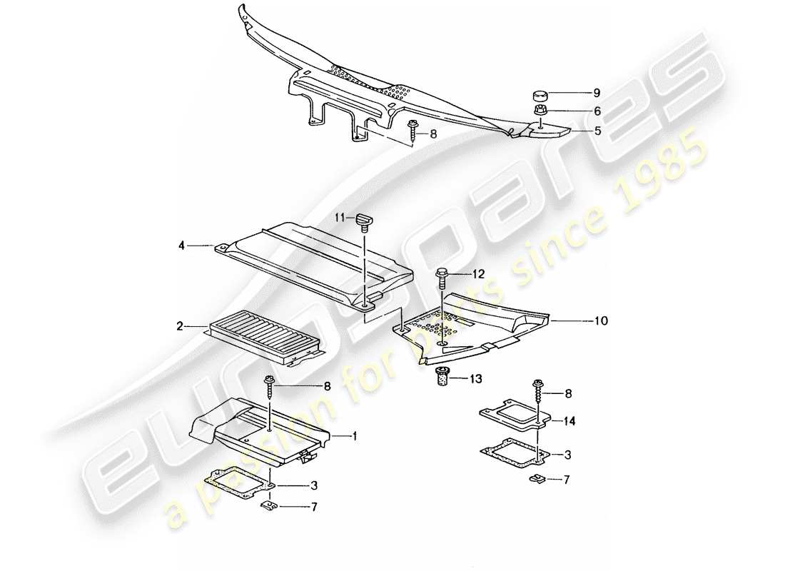 porsche 2001 (986 boxster) dust and pollen filter element - covers - cowl part diagram
