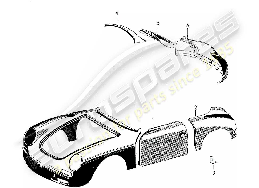porsche 1955 (356/356a) exterior panelling - fender parts diagram