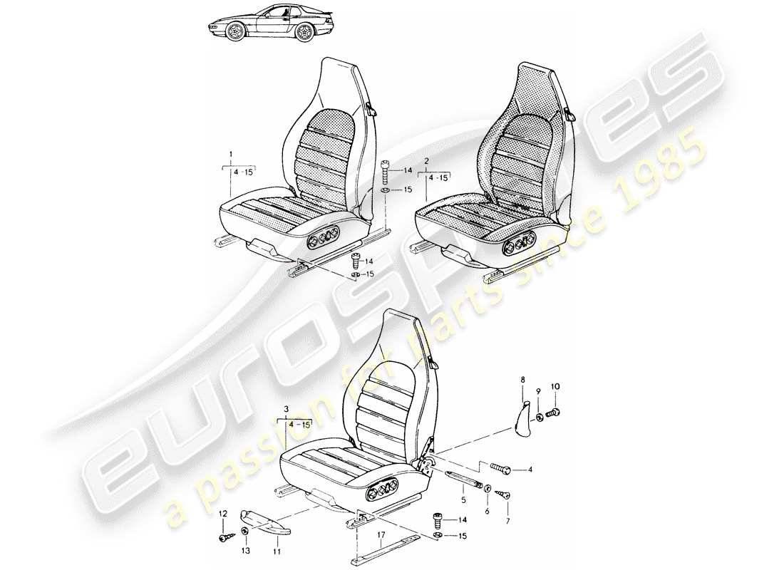 porsche seat 944/968/911/928 (1995) front seat - complete - all-electric - d >> - mj 1993 part diagram