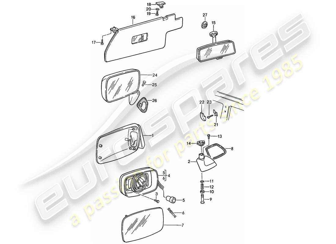 porsche 1986 (944) rear-view mirror - sun vizor - rear view mirror part diagram
