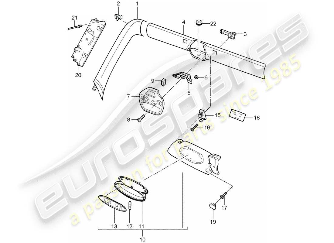porsche 2005 (996) windshield frame - windshield frame - sun vizors - sun vizors part diagram