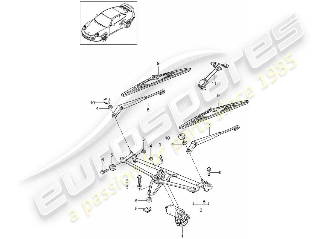 porsche 911 t/gt2rs (2011) windshield wiper system compl. part diagram