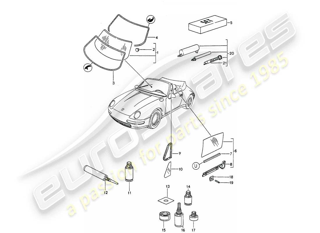 porsche 1995 (993) window glazing part diagram