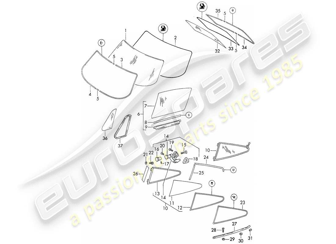 porsche 1968 (911/912) window glazing - d - mj 1969>> part diagram