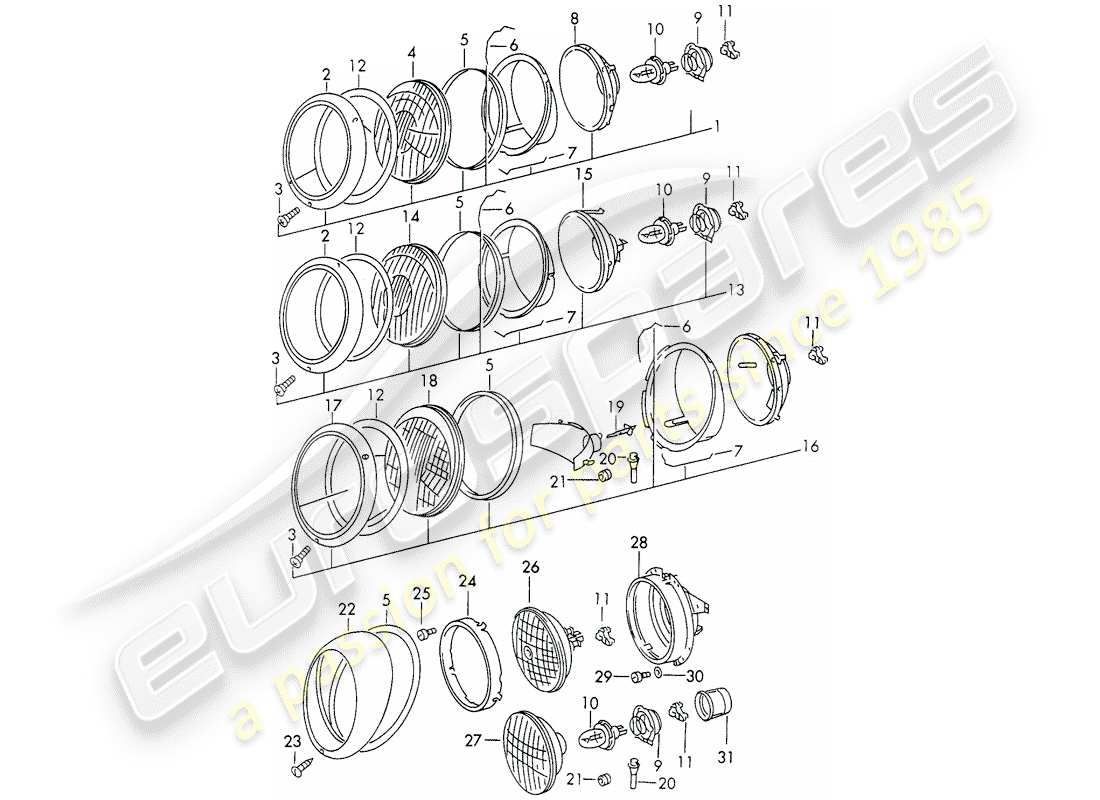 porsche 1967 (911/912) headlamp - d - mj 1969>> - mj 1969 part diagram
