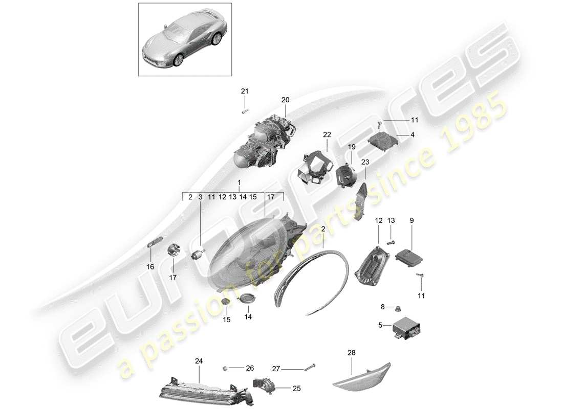 porsche 2015 (991-1 turbo) headlamp part diagram