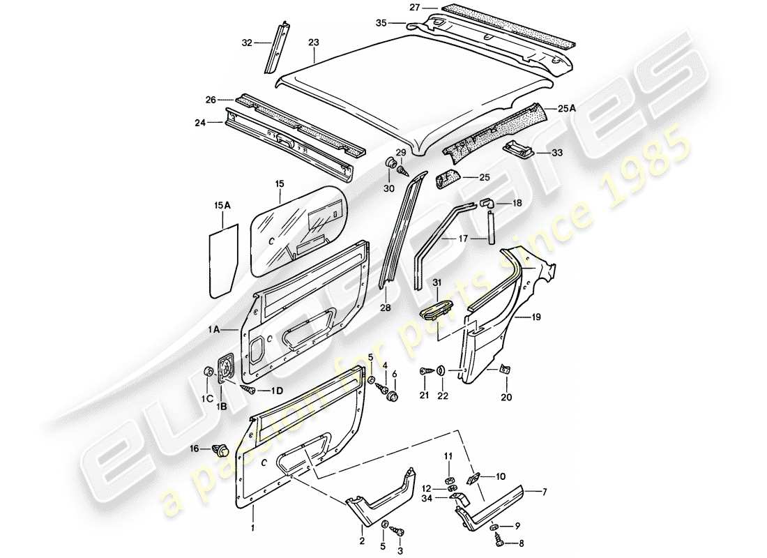 porsche 1983 (944) door panel - roof trim panel part diagram