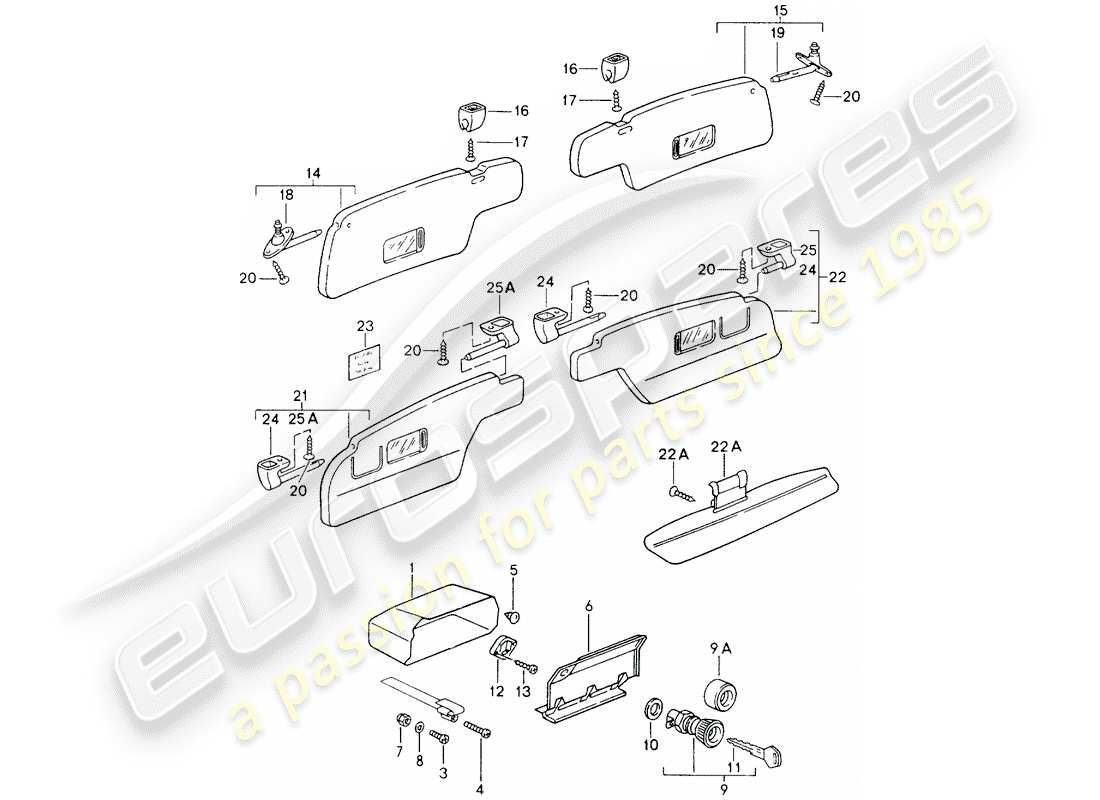 porsche 1990 (964) glove box - for cars without - airbag - sun vizors part diagram