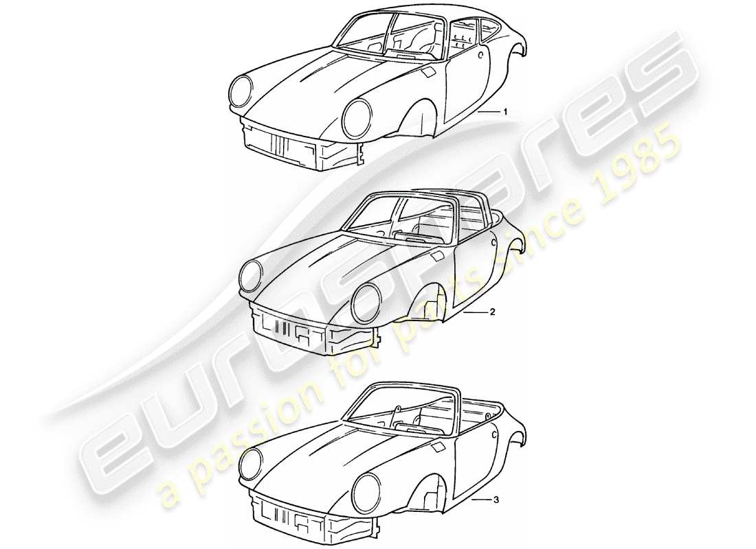 porsche 1983 (911) car body - primed - sealed - with: - underbody protection - bodyshells can only - only available from current part diagram