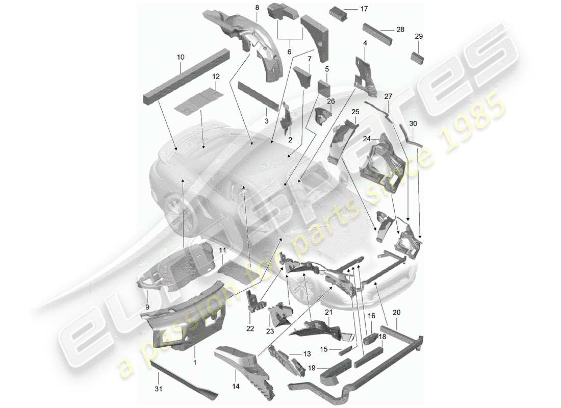 porsche 991 turbo (2014) body shell part diagram