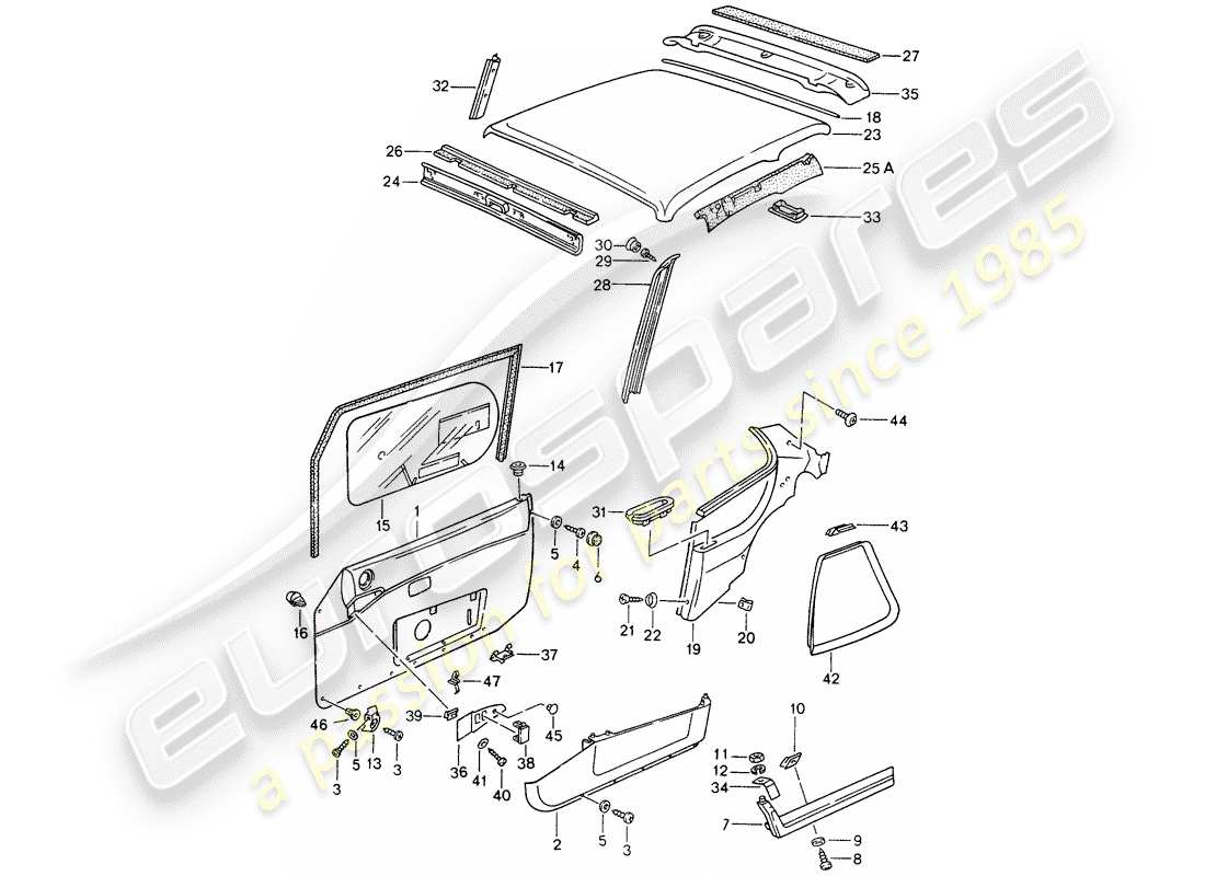porsche 1994 (968) door panel - roof trim panel part diagram