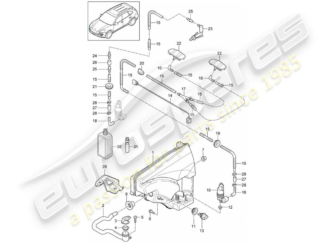 porsche cayenne e2 (2018) windshield washer unit parts diagram