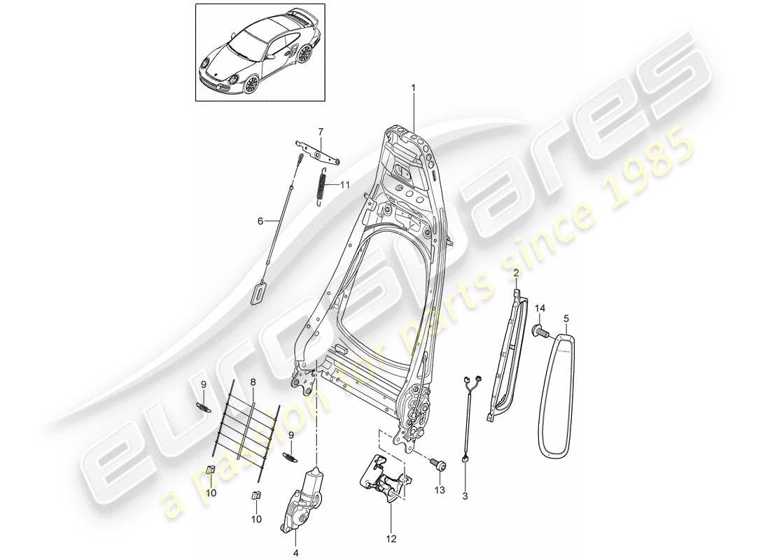 porsche 2012 (997-2 turbo / gt2 rs) backrest frame part diagram