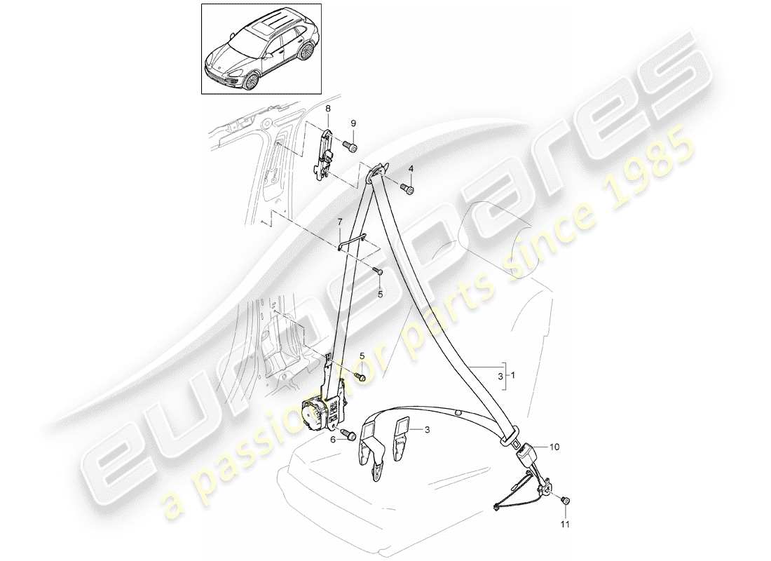 porsche 2018 (cayenne e2 92a) three-point seat belt parts diagram