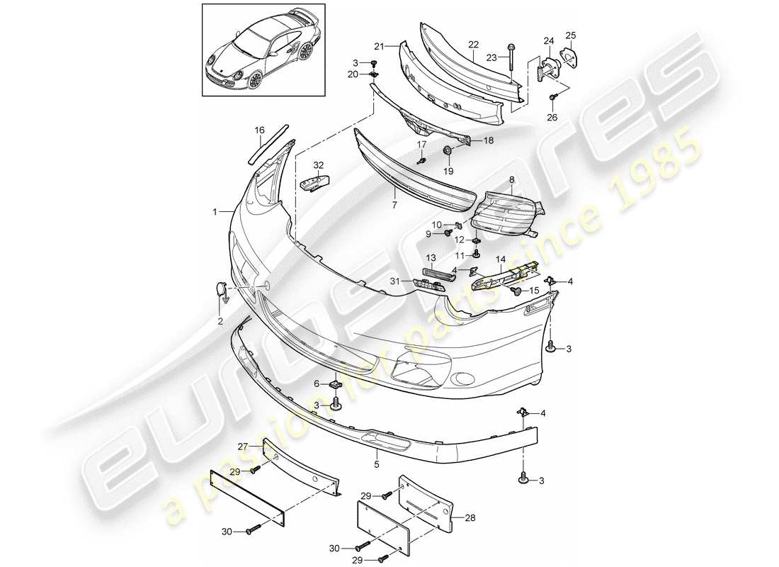 porsche 911 t/gt2rs (2011) bumper part diagram