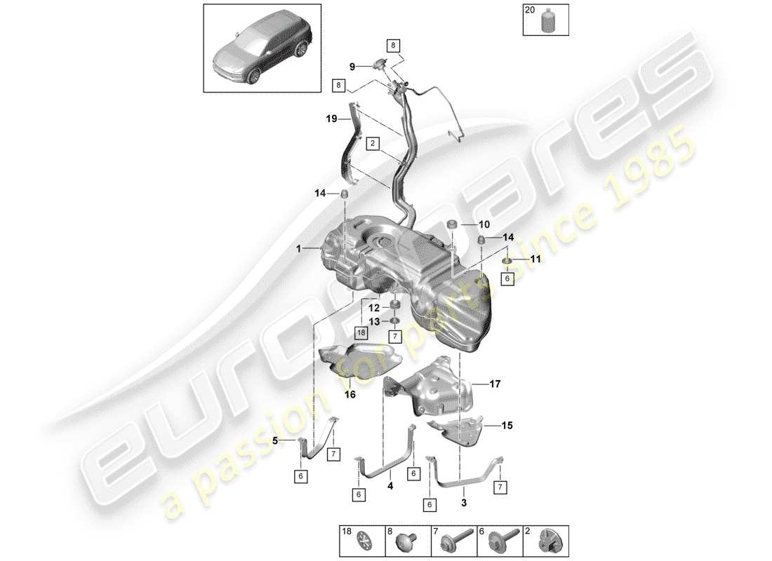 porsche 2020 (cayenne e3 9ya/9yb) fuel tank with part diagram