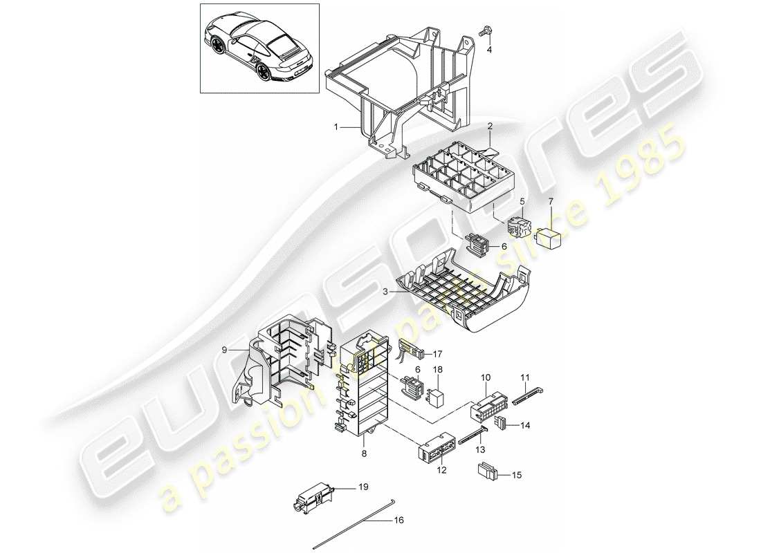 porsche 911 t/gt2rs (2013) fuse box/relay plate parts diagram