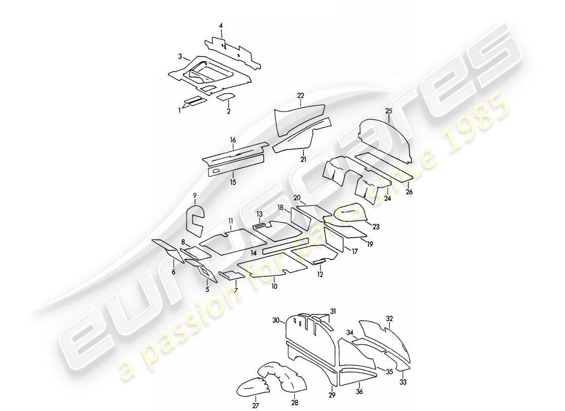 porsche 1964 (356b/356c) body shell - damping mat parts diagram