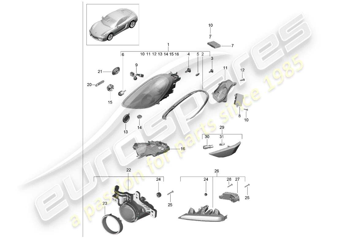porsche 2016 (981 cayman) headlamp part diagram