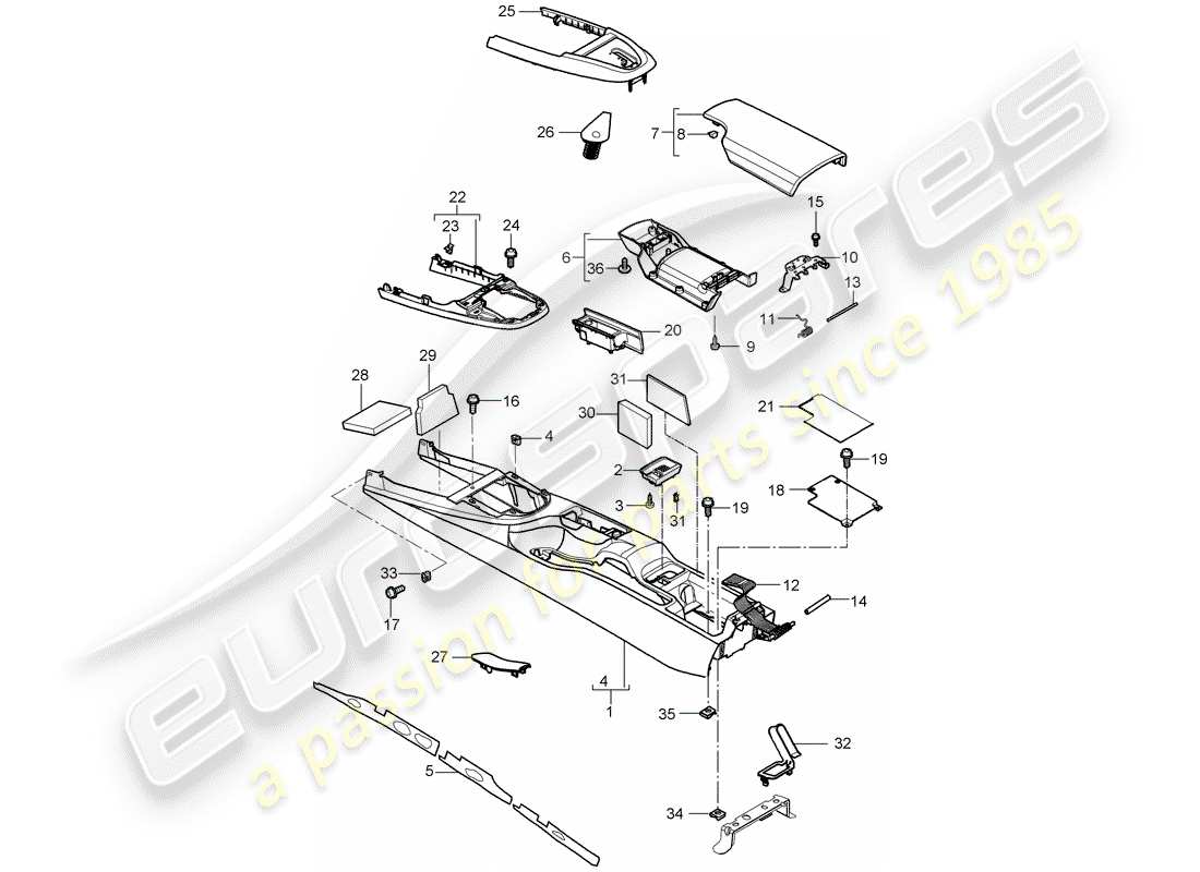 porsche 2007 (987 boxster) center console part diagram