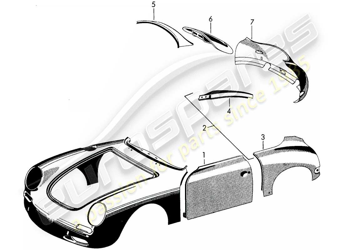 porsche 1961 (356b/356c) exterior panelling - fender parts diagram