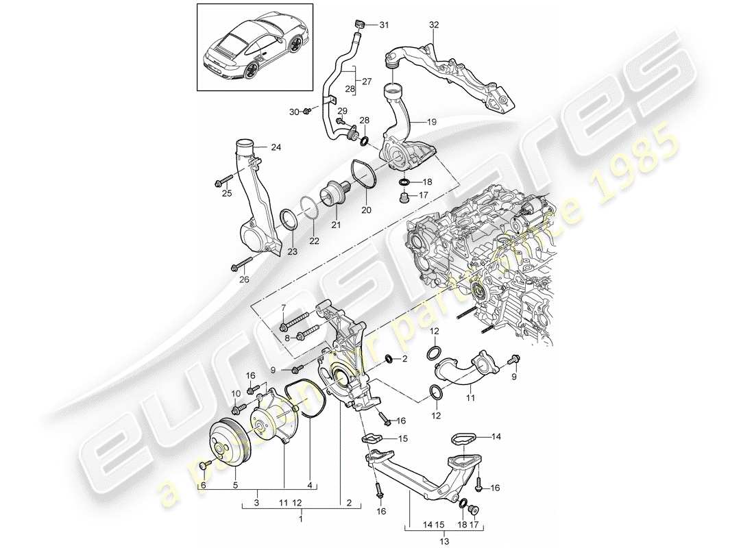 porsche 911 t/gt2rs (2013) water pump parts diagram