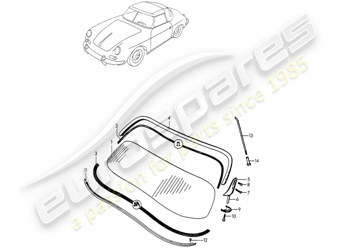 porsche 1955 (356/356a) windshield glass parts diagram