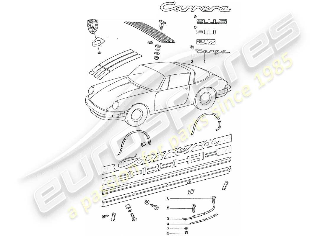 porsche 1974 (911) decorative fittings part diagram