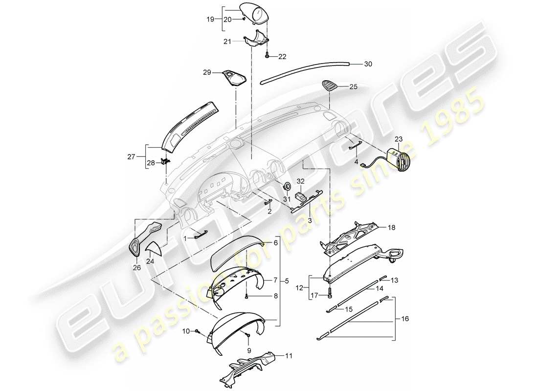 porsche 2007 (987 boxster) dash panel trim part diagram