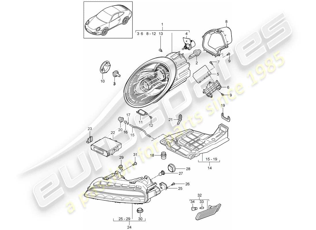 porsche 2012 (997-2) headlamp part diagram