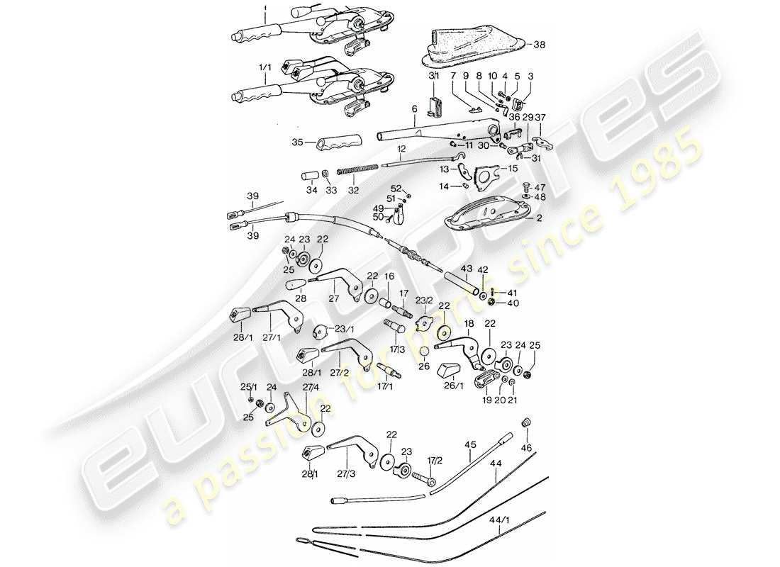 porsche 1977 (911) operating lever - handbrake - manual throttle part diagram